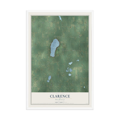 Map of Clarence, Michigan, 12 x 18 inch print in a white wood frame
