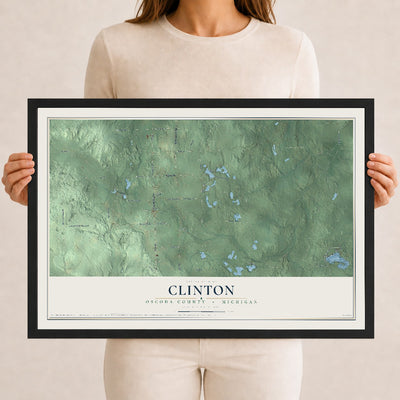 Map of Clinton, Oscoda County, Michigan, 12 x 18 inch print in a black wood frame