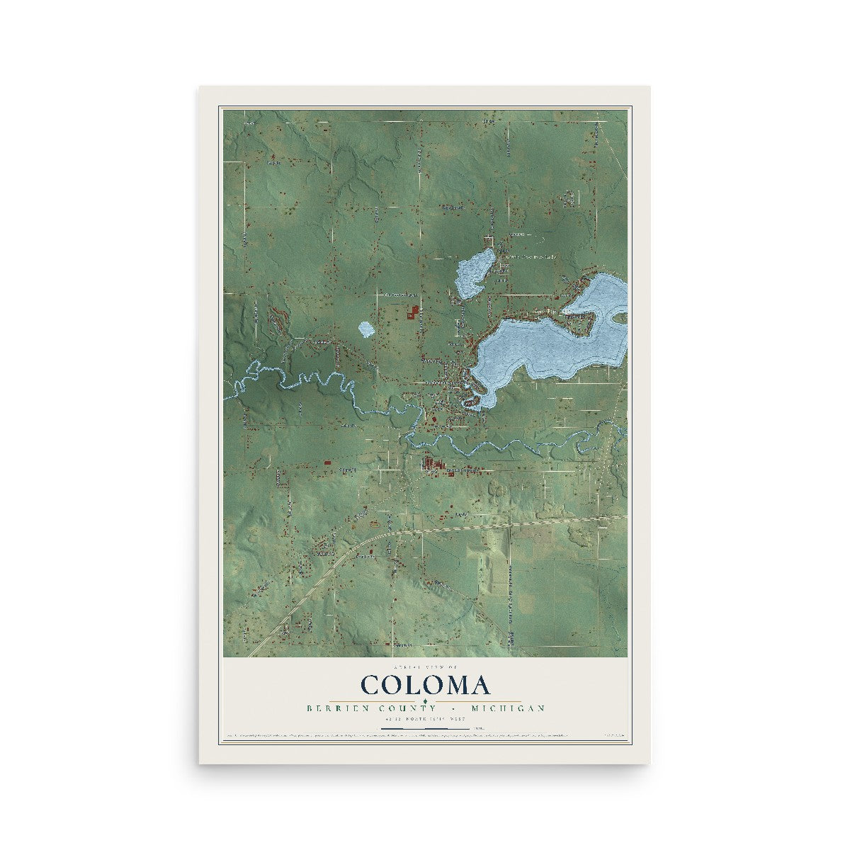 Map of Coloma, Berrien County, Michigan, 12 x 18 inch unframed archival matte print