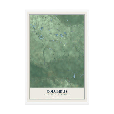 Map of Columbus, Luce County, Michigan, 12 x 18 inch print in a white wood frame