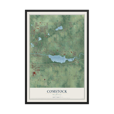 Map of Comstock, Michigan, 12 x 18 inch print in a black wood frame