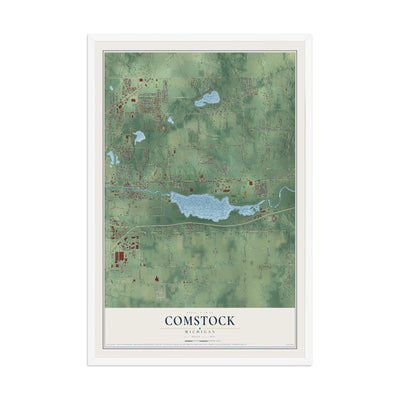 Map of Comstock, Michigan, 12 x 18 inch print in a white wood frame