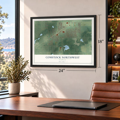 Comstock Northwest, Michigan map, 18 x 24 inch print in a black frame in a home office