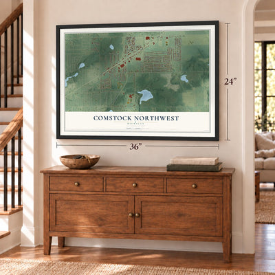 Comstock Northwest, Michigan map, 24 x 36 inch print in a black frame above a dresser by a staircase