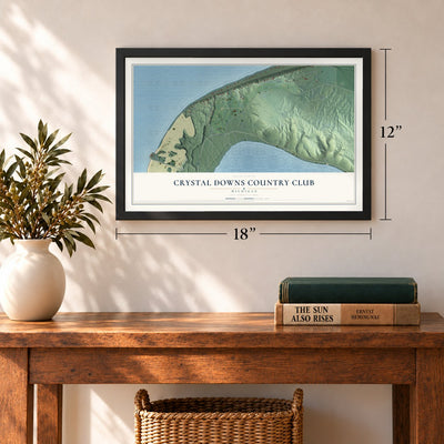 Crystal Downs Country Club, Michigan map, 12 x 18 inch print in a black frame in an entryway