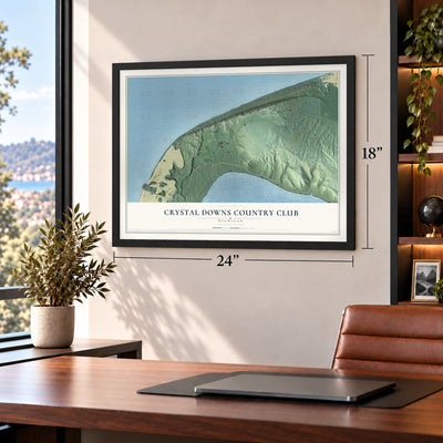 Crystal Downs Country Club, Michigan map, 18 x 24 inch print in a black frame in a home office