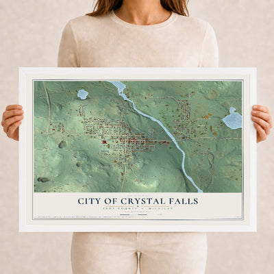 Map of Crystal Falls, Michigan, 12 x 18 inch print in a white wood frame