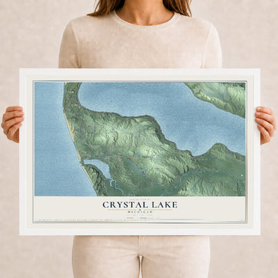 Map of Crystal Lake, Michigan, 12 x 18 inch print in a white wood frame