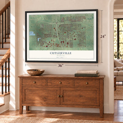 Cutlerville, Michigan map, 24 x 36 inch print in a black frame above a dresser by a staircase