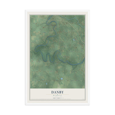 Map of Danby, Michigan, 12 x 18 inch print in a white wood frame