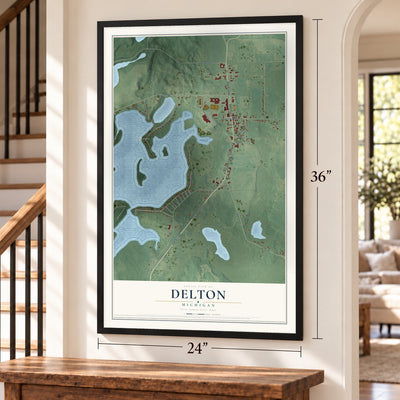 Delton, Michigan map, 24 x 36 inch print in a black frame by a staircase