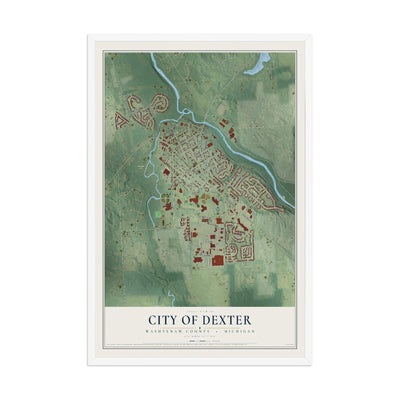Map of Dexter, Michigan, 12 x 18 inch print in a white wood frame