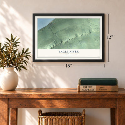 Eagle River, Michigan map, 12 x 18 inch print in a black frame in an entryway