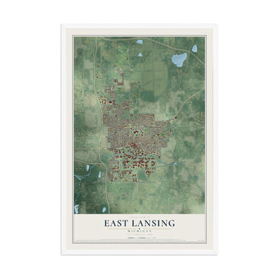 Map of East Lansing, Michigan, 12 x 18 inch print in a white wood frame