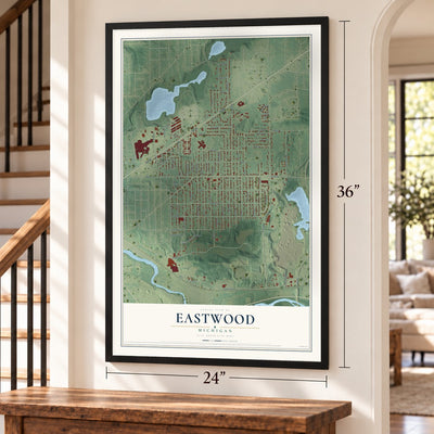 Eastwood, Michigan map, 24 x 36 inch print in a black frame by a staircase