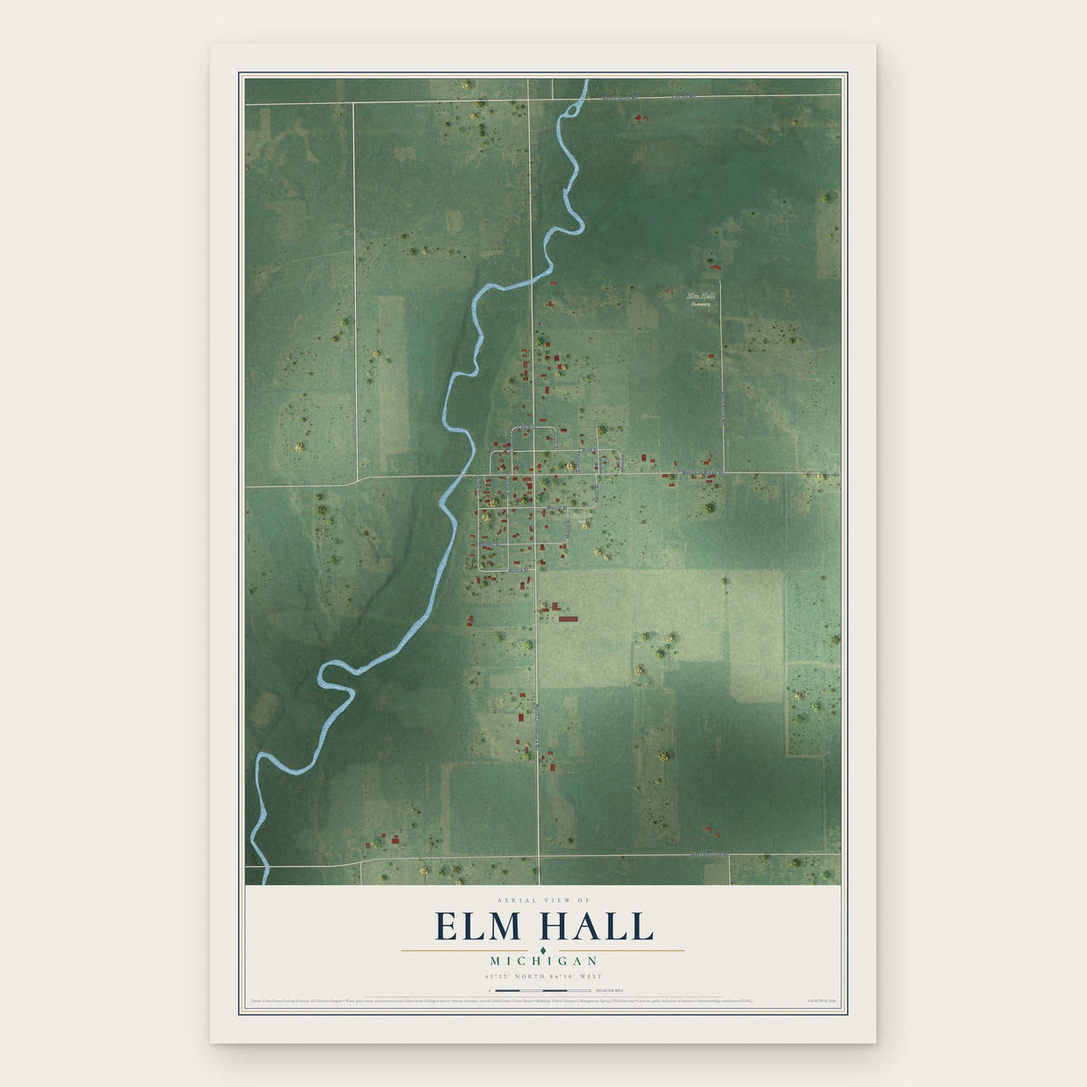 Elm Hall, Michigan map print, the full design