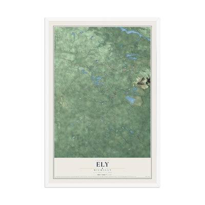 Map of Ely, Michigan, 12 x 18 inch print in a white wood frame