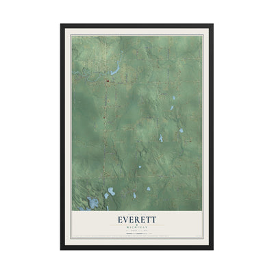 Map of Everett, Michigan, 12 x 18 inch print in a black wood frame
