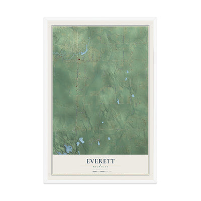 Map of Everett, Michigan, 12 x 18 inch print in a white wood frame