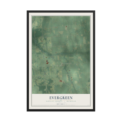 Map of Evergreen, Sanilac County, Michigan, 12 x 18 inch print in a black wood frame