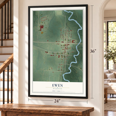 Ewen, Michigan map, 24 x 36 inch print in a black frame by a staircase