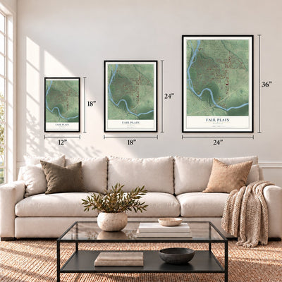 Fair Plain, Michigan map in 12 x 18, 18 x 24 and 24 x 36 inch sizes above a sofa