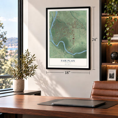 Fair Plain, Michigan map, 18 x 24 inch print in a black frame in a home office
