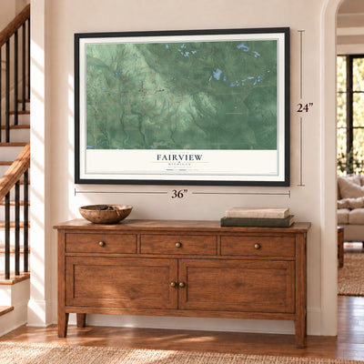 Fairview, Michigan map, 24 x 36 inch print in a black frame above a dresser by a staircase