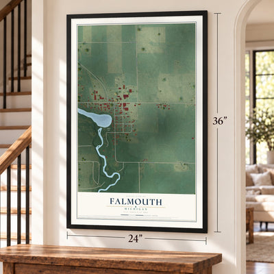 Falmouth, Michigan map, 24 x 36 inch print in a black frame by a staircase