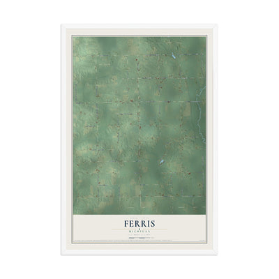 Map of Ferris, Michigan, 12 x 18 inch print in a white wood frame