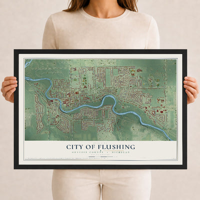 Map of Flushing, Michigan, 12 x 18 inch print in a black wood frame
