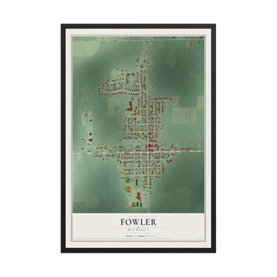 Map of Fowler, Michigan, 12 x 18 inch print in a black wood frame