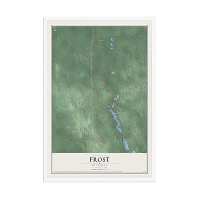 Map of Frost, Michigan, 12 x 18 inch print in a white wood frame