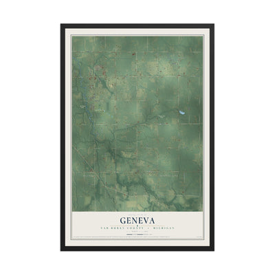 Map of Geneva, Van Buren County, Michigan, 12 x 18 inch print in a black wood frame