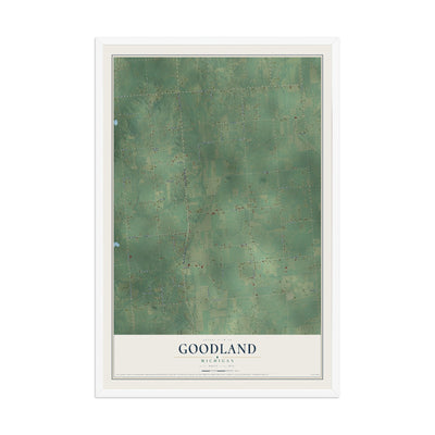 Map of Goodland, Michigan, 12 x 18 inch print in a white wood frame