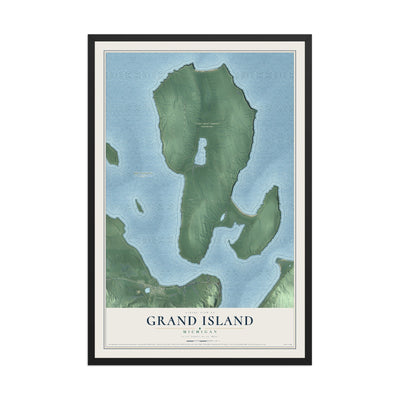 Map of Grand Island, Michigan, 12 x 18 inch print in a black wood frame