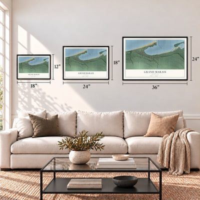 Grand Marais, Michigan map in 12 x 18, 18 x 24 and 24 x 36 inch sizes above a sofa
