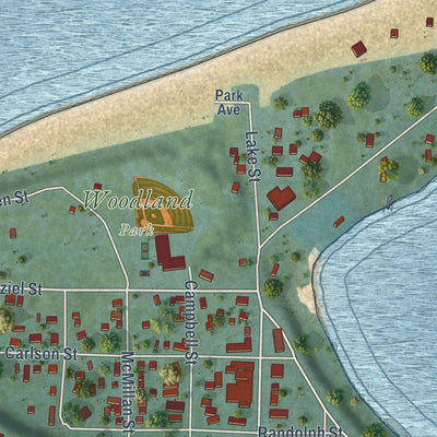 Close-up of the map of Grand Marais, Michigan print showing street and building detail