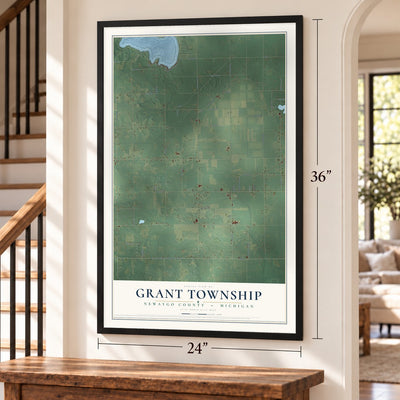 Grant Township, Newaygo County, Michigan map, 24 x 36 inch print in a black frame by a staircase
