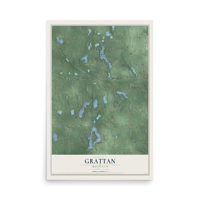Map of Grattan, Michigan, 12 x 18 inch unframed archival matte print