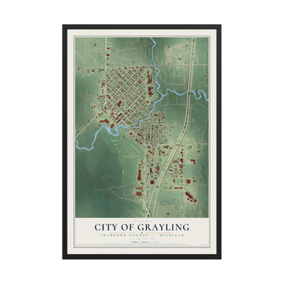 Map of Grayling, Michigan, 12 x 18 inch print in a black wood frame