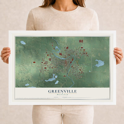 Map of Greenville, Michigan, 12 x 18 inch print in a white wood frame