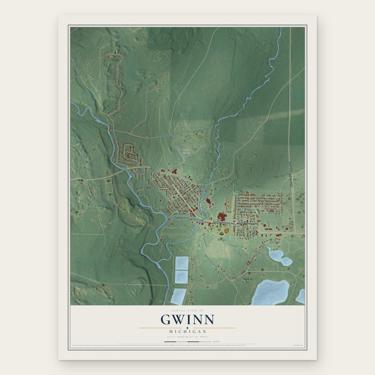 Gwinn, Michigan map print, the full design