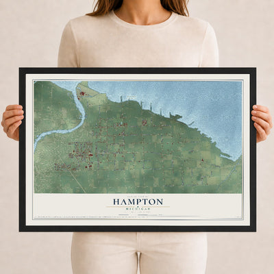 Map of Hampton, Michigan, 12 x 18 inch print in a black wood frame