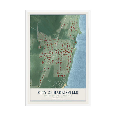 Map of Harrisville, Michigan, 12 x 18 inch print in a white wood frame