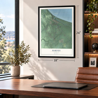 Harvey, Michigan map, 18 x 24 inch print in a black frame in a home office