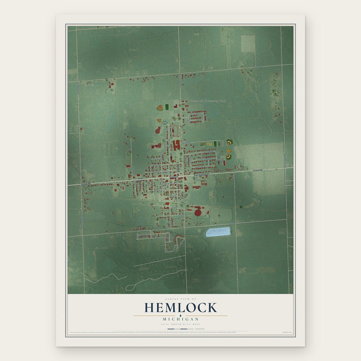 Hemlock, Michigan map print, the full design