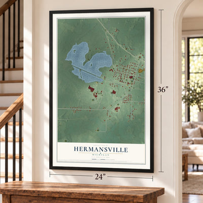 Hermansville, Michigan map, 24 x 36 inch print in a black frame by a staircase