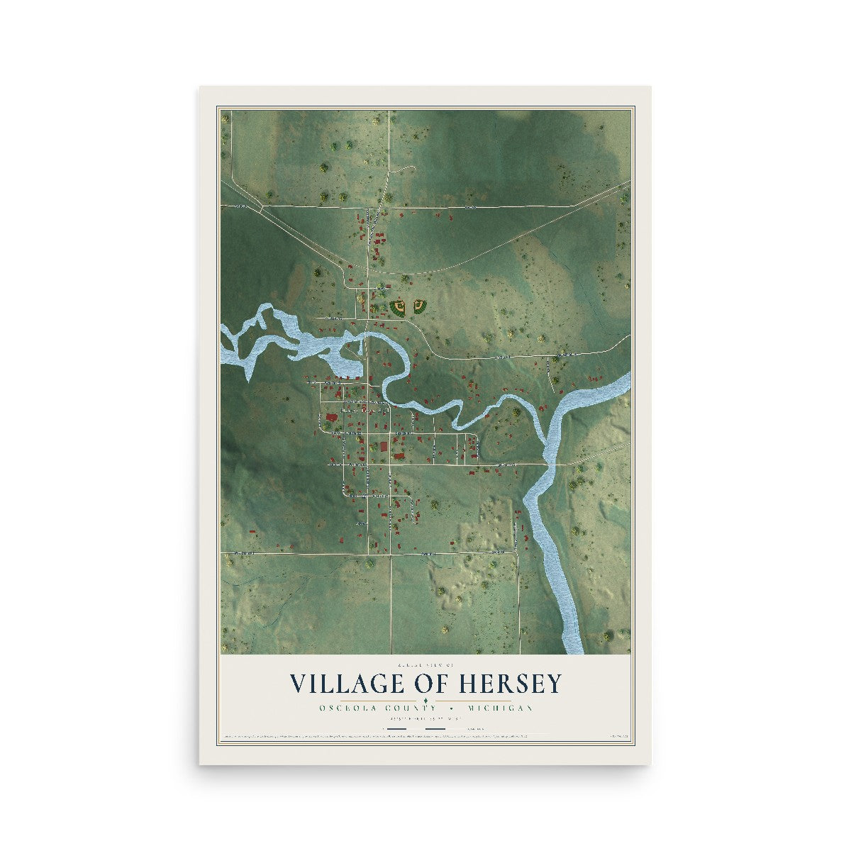 Map of Hersey, Michigan, 12 x 18 inch unframed archival matte print