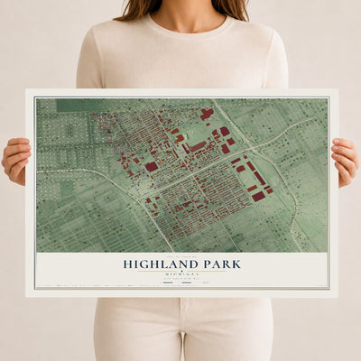 Map of Highland Park, Michigan, 12 x 18 inch unframed archival matte print